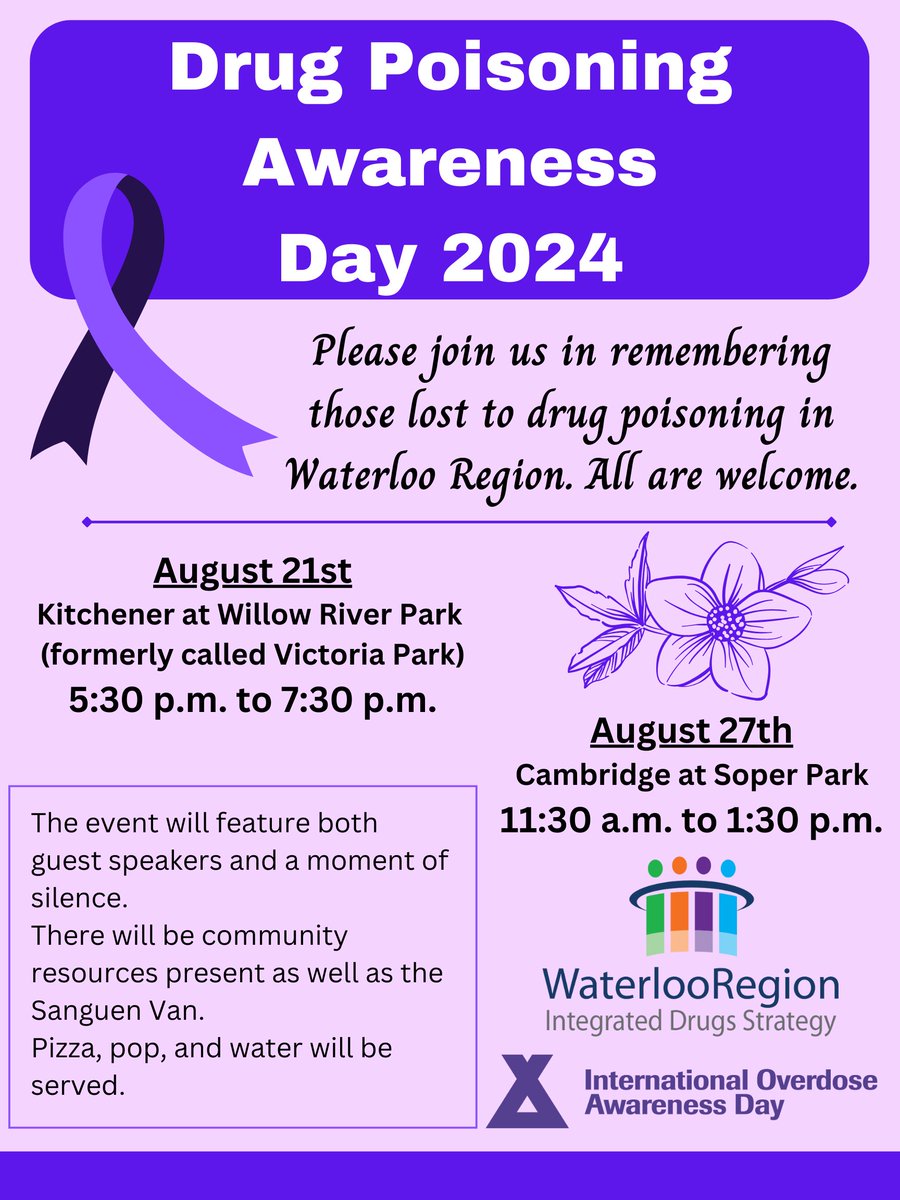 Join Waterloo Region Integrated Drug Strategy, Porchlight and other organizations on August 21st and 27th as we raise awareness about the pervasiveness of drug poisoning in the region and remember those lost.