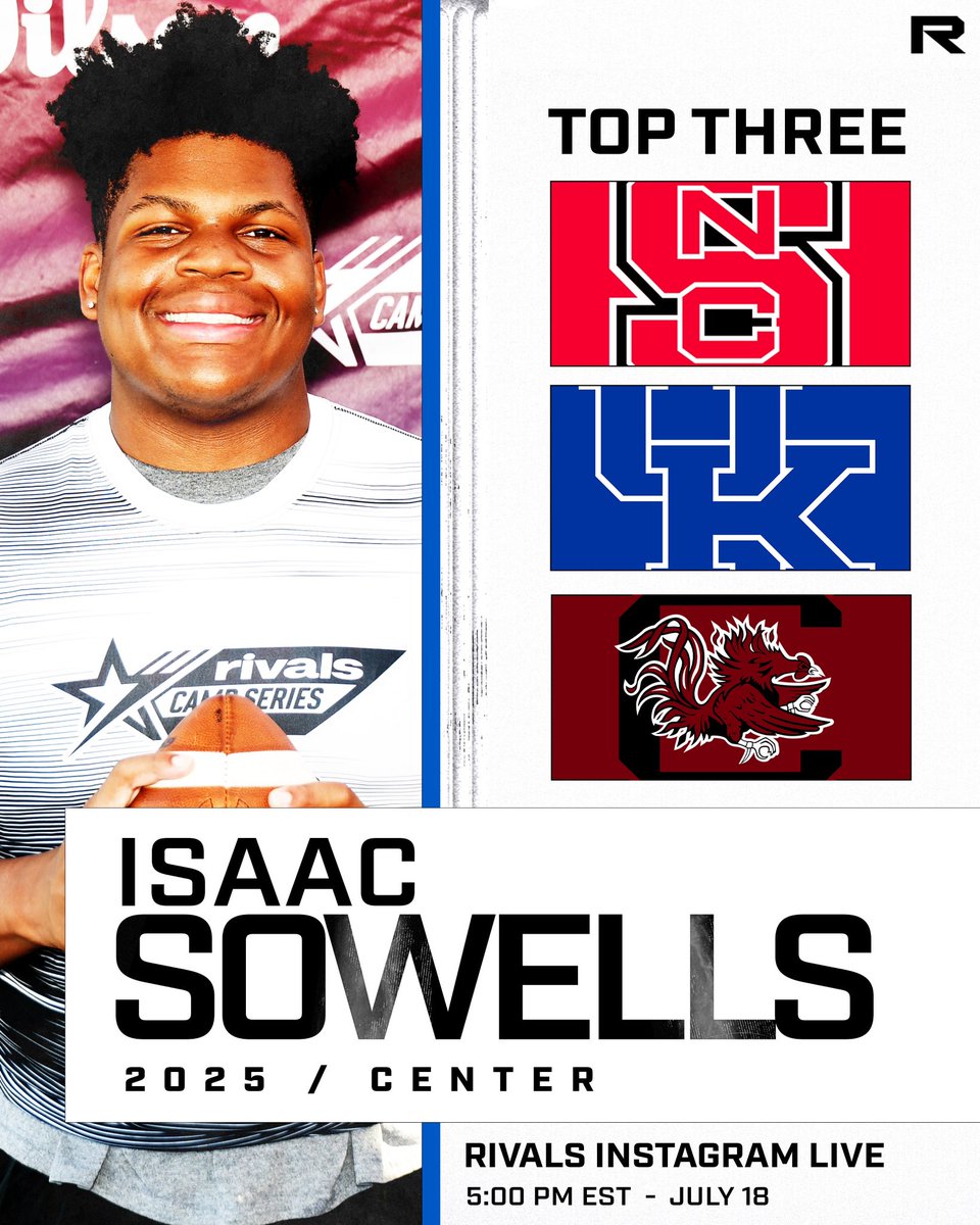 GregSmithCFB's tweet photo. 🚨LIVE Commitment🚨 Three-star center Isaac Sowells (@IsaacSowellsJr) will announce his commitment on IG live with @Rivals July 18th at 5pm ET. Who will be the pick?! 👀 https://t.co/d7IGQLzekD