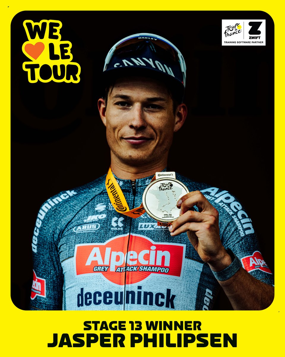 GoZwift's tweet photo. An 8th @letour win for @JasperPhilipsen since 2022! Congratulations to Jasper & the entire @AlpecinDCK team on their Stage 13 victory. #TDF2024 #tourfever https://t.co/ZYFXlt8RAG
