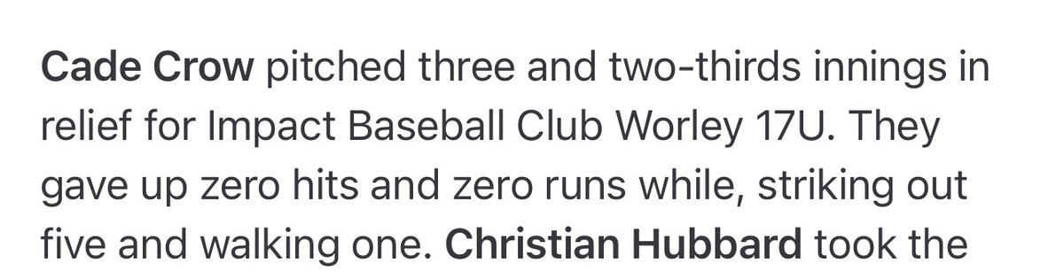 Didn’t get great video but enjoyed an opportunity to help my team on the mound.

3 2/3 IP
0 H
0 R
5 K
1 BB

<a href="/ChuckNRGWells/">Coach Wells #1</a> <a href="/TCFalconBsb/">Timber Creek Falcon Baseball</a> <a href="/ImpactBsblClub/">Impact Baseball Club</a>