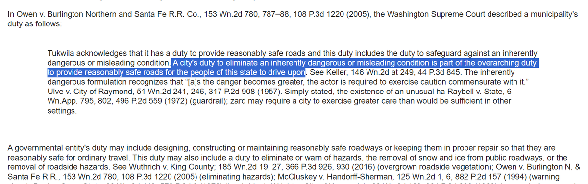 CFlemingLaw's tweet photo. @MoveRedmond BLV Commission needs a primer on WA law" Municipalities must eliminate an inherently dangerous or misleading condition. This "is part of the overarching duty to provide reasonably safe roads for the people of this state to drive upon." https://t.co/38ETlqAw6L https://t.co/l6V1Emm63q
