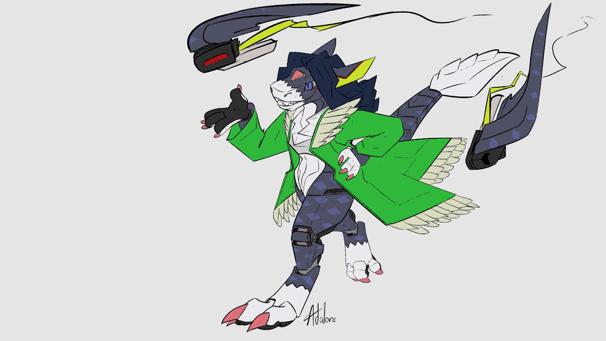 Sunspot is a digimon, and they can't exist in the real world, except when they can.  So she took over a computer at a factory and built herself a body to control.  Her wings are detachable drones she can use when she doesn't need to fly.

Art by <a href="/Adalore1/">Adalore🐀 (Commissions Open)</a> 
And I colored it.