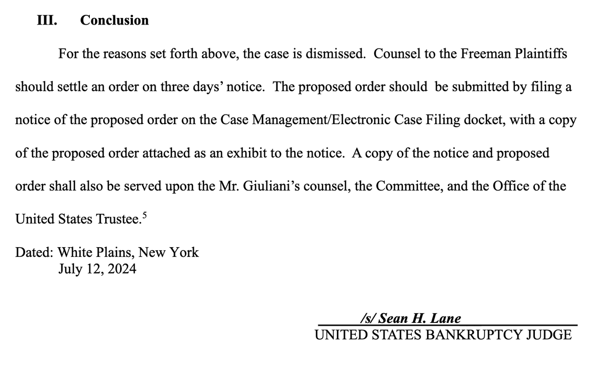 KlasfeldReports's tweet photo. Rudy Giuliani's bankruptcy case has been DISMISSED, removing a hurdle for Georgia election workers Shaye Moss and Ruby Freeman to collect their judgment. 

The judge slammed Giuliani's "lack of financial transparency" as "particularly troubling."

Doc  https://t.co/Pu4WZAHu04 https://t.co/Sl4QMXawnm