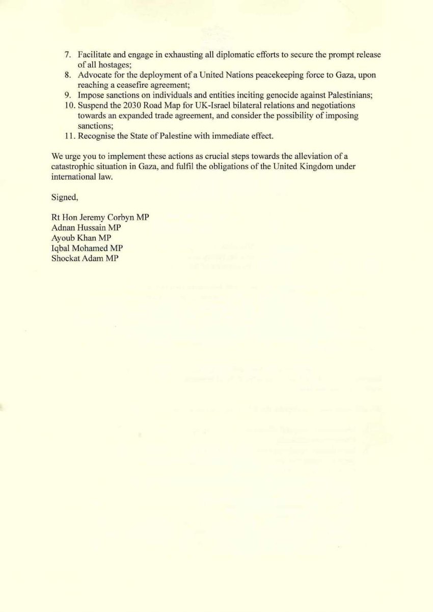 PolitlcsUK's tweet photo. 🚨 NEW: The five ‘pro-Gaza’ independent MPs, including Jeremy Corbyn, have written to Foreign Secretary David Lammy outlining their demands regarding the conflict https://t.co/w39NqiqGDB