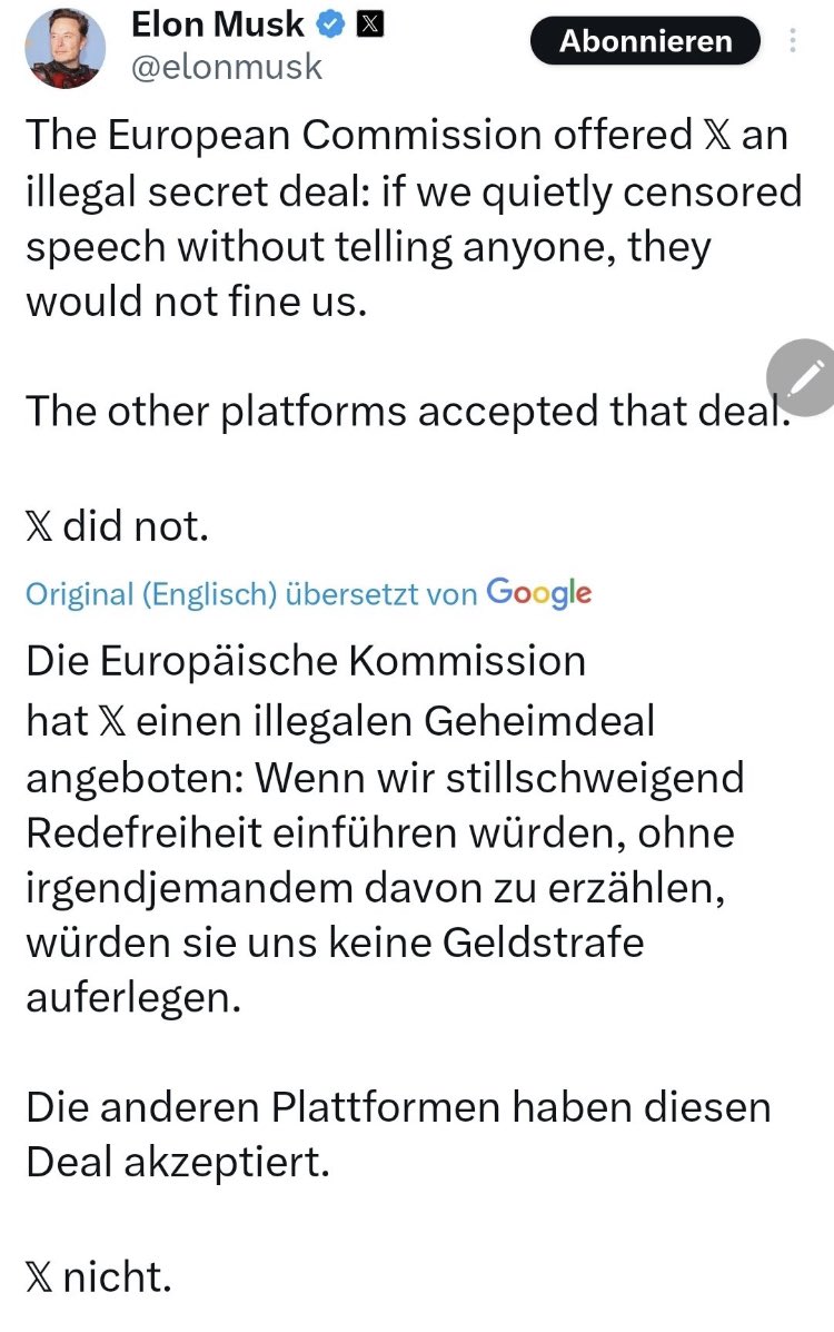 <a href="/elonmusk/">Elon Musk</a> Look <a href="/elonmusk/">Elon Musk</a>, what the Google-translator is doing in Europe, when it translates your post:

It translates“free speech” out of “censored speech”

The #DSA is Orwell’s law.