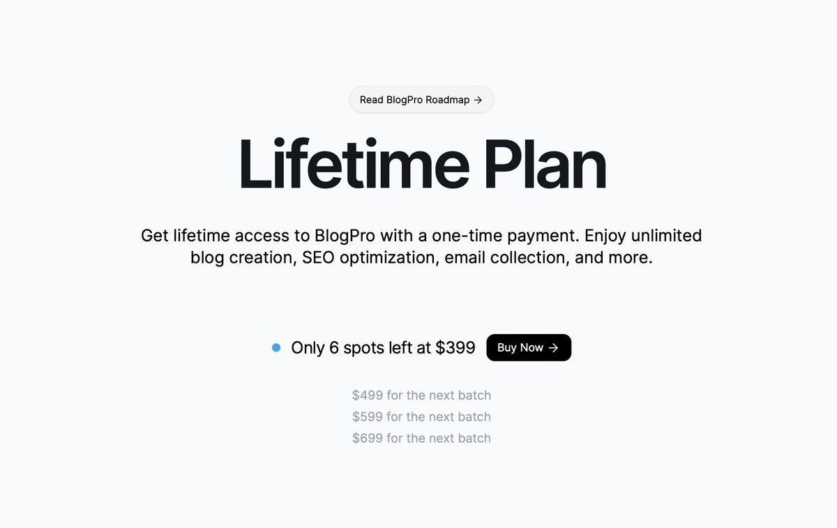 blogpro_so's tweet photo. Only 6 lifetime plans left at just $399! (4 sold)

#buildinpbulic https://t.co/34ugqPY8Vk
