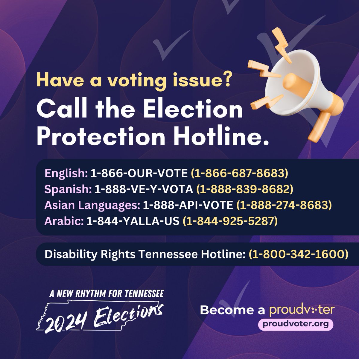 AMACtn's tweet photo. Have a voting issue? Call or text the Election Protection Hotline. It’s available in English, Spanish, Asian Languages, &amp; Arabic! https://t.co/p3zxj4H9pu

If you’re experiencing a disability voting issue, call the @TNRights Hotline. ✅#NewRhythmTN https://t.co/IHtUQByKFh