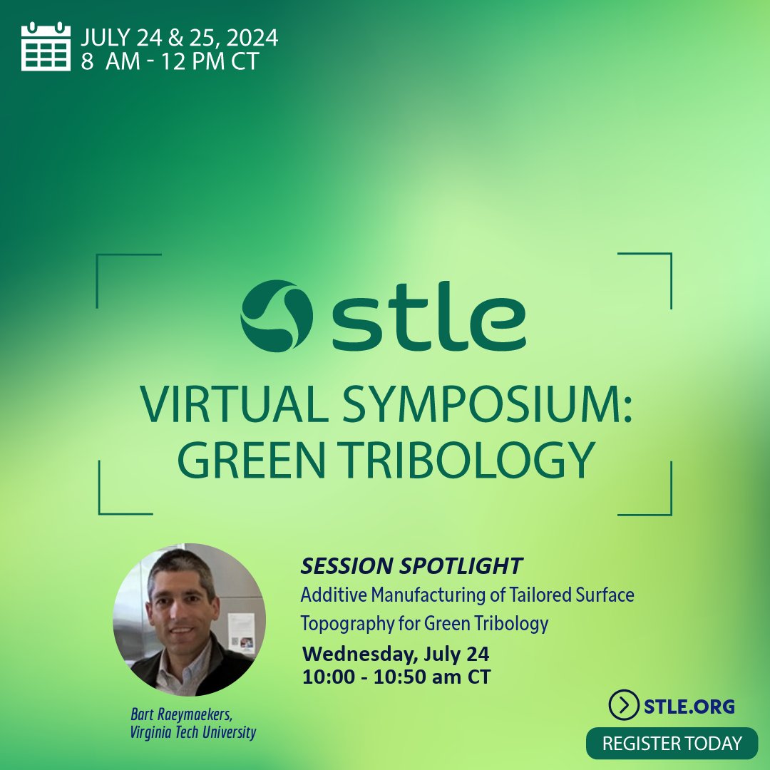 STLE (@stle_tribology) on Twitter photo We’re excited to welcome Bart Raeymaekers <a href="/VirginiaTech_ME/">Virginia Tech Mechanical Engineering</a> as featured speaker at #STLE #GreenTribology virtual symposium this month discussing linking green tribology to metal #additivemanufacturing via systematic #surfacetopography study. Register now: bit.ly/3LcSSNM. We’re excited to welcome Bart Raeymaekers <a href="/VirginiaTech_ME/">Virginia Tech Mechanical Engineering</a> as featured speaker at #STLE #GreenTribology virtual symposium this month discussing linking green tribology to metal #additivemanufacturing via systematic #surfacetopography study. Register now: bit.ly/3LcSSNM.