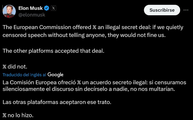 laderechadiario's tweet photo. 🇺🇸🇪🇺 | Elon Musk (@elonmusk) dijo que la Comisión Europea le ofreció un 'acuerdo secreto ilegal' a 𝕏: "Si censuramos silenciosamente lo que quieren, no nos multarán".

Y aseguró: "Las otras plataformas aceptaron este trato". https://t.co/LmxYUyIUJl