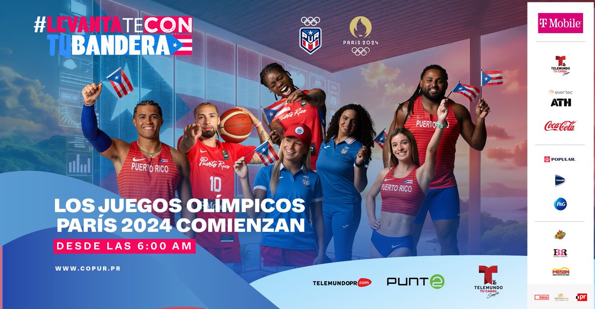 ComiteOlimpico's tweet photo. ¡Puerto Rico 🇵🇷 #LevántateConTuBandera del 26 de julio al 11 de agosto y apoya a nuestro #EquipoPUR en #París2024 !

📺 Sintoniza toda la acción de nuestros atletas por @TelemundoPR , https://t.co/uAXMGCGzf6 y Punto2 

#ADarloTodo https://t.co/DGwAaVyXrg