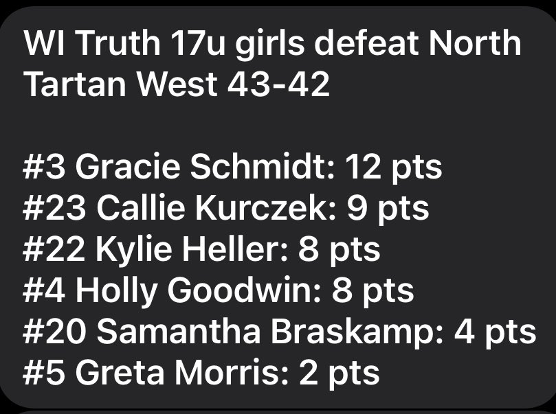 WI Truth Basketball (@witruthbb) on Twitter photo WI Truth 17u girls beat North Tartan West 17u 43-42.
<a href="/gracieschmidt03/">gracie schmidt</a> hit a 3 to send the game to OT.
<a href="/Samanth90258435/">Samantha</a> hit the game winning 3 with 2 seconds
<a href="/PGHWisconsin/">ππ«ππ© ππ’π«π₯π¬ ππ¨π¨π©π¬ ππ’π¬ππ¨π§π¬π’π§</a> <a href="/JrAllStarWI/">Wisconsin Jr. All-Star GBB</a> <a href="/TheMRR7/">The Midwest Recruiting Resource</a> <a href="/MHS_Girls_/">Midwest Hoops Spotlight</a> <a href="/PriceJameson1/">Jameson Price</a> <a href="/PGHBrooks/">Jeremy Brooks</a> <a href="/BradyJ_Peterson/">Brady Petersonπ΅π·</a> <a href="/MasonHAsher/">Mason Asher</a> <a href="/FiveStateHoops/">Five State Hoops</a> WI Truth 17u girls beat North Tartan West 17u 43-42.
<a href="/gracieschmidt03/">gracie schmidt</a> hit a 3 to send the game to OT.
<a href="/Samanth90258435/">Samantha</a> hit the game winning 3 with 2 seconds
<a href="/PGHWisconsin/">ππ«ππ© ππ’π«π₯π¬ ππ¨π¨π©π¬ ππ’π¬ππ¨π§π¬π’π§</a> <a href="/JrAllStarWI/">Wisconsin Jr. All-Star GBB</a> <a href="/TheMRR7/">The Midwest Recruiting Resource</a> <a href="/MHS_Girls_/">Midwest Hoops Spotlight</a> <a href="/PriceJameson1/">Jameson Price</a> <a href="/PGHBrooks/">Jeremy Brooks</a> <a href="/BradyJ_Peterson/">Brady Petersonπ΅π·</a> <a href="/MasonHAsher/">Mason Asher</a> <a href="/FiveStateHoops/">Five State Hoops</a>