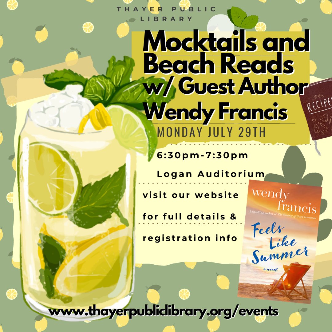 Author <a href="/wendyfrancis4/">wendy francis</a> shares favorite beach reads with us over tropical drinks, Monday, July 29, 6:30 pm, including her own new book, Feels Like Summer. Please register for Mocktails &amp; Beach Reads so we know how many mocktails we need! eventkeeper.com/code/ekform.cf…