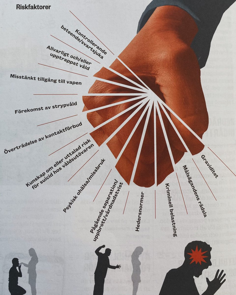 2023 mördades 10 kvinnor i Sverige av män de haft relation med. Att känna igen och uppmärksamma risker för våld och hot om våld är med största sannolikhet avgörande för att kunna rädda liv. Här är riskfaktorerna:
Källa: tidningen Svensk Polis
Grafik: Erik Nylund