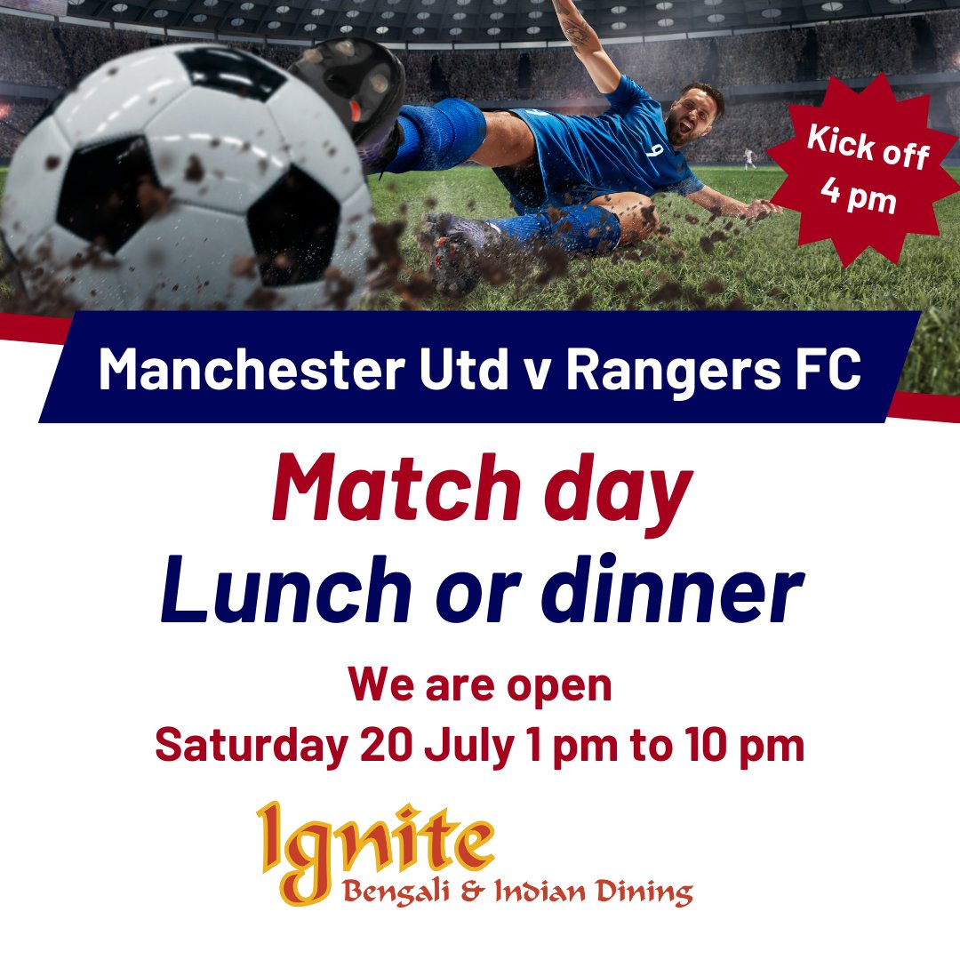 IgniteEdinburgh's tweet image. With Murrayfield hosting the pre-season friendly between #ManchesterUnited and #RangersFC Ignite will be serving its award-winning Bengali and Indian cuisine for lunch and dinner from 1pm to 10 pm. 🥘 🍺 Reserve your table at igniterestaurant.co.uk
#EdinburghRestaurant