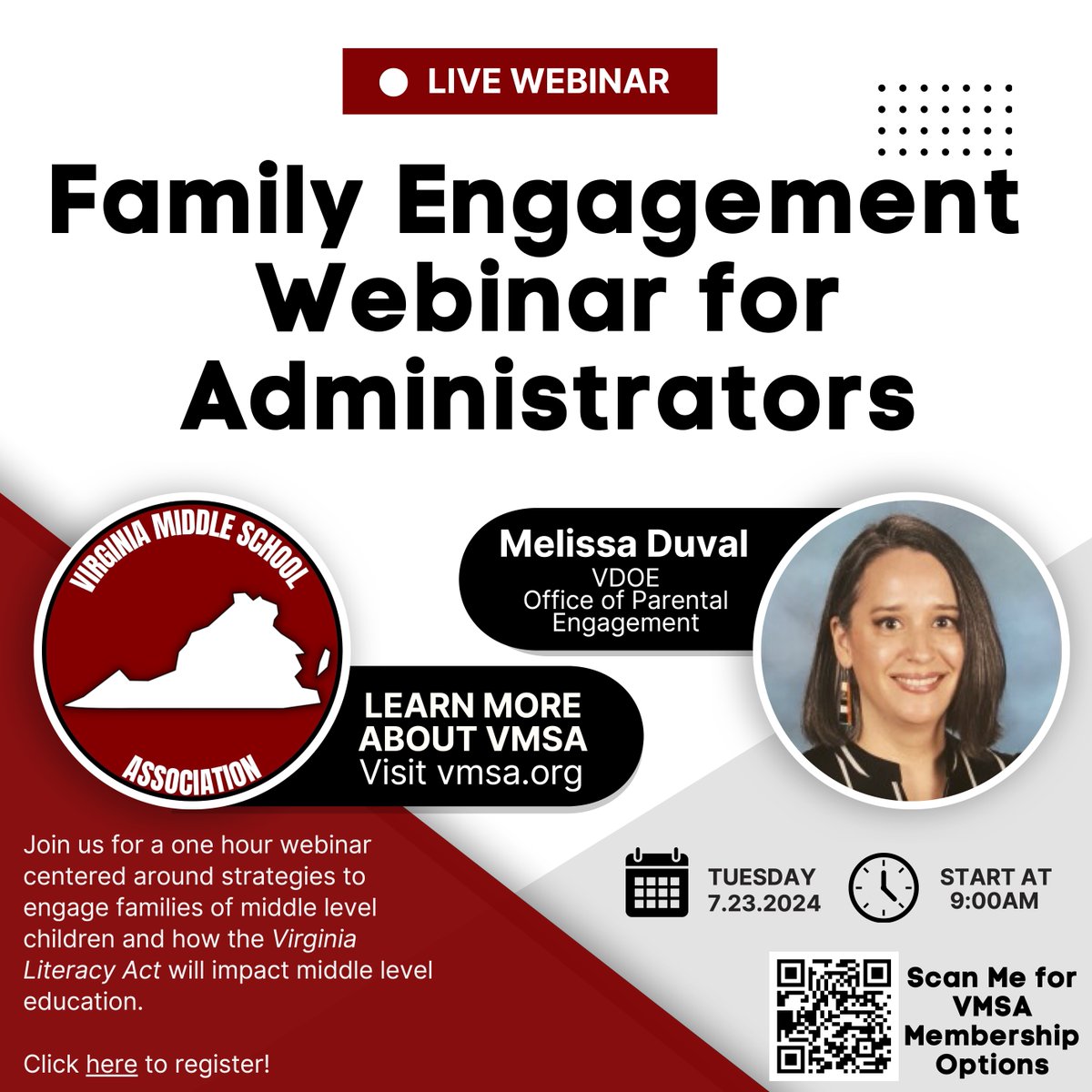 We are excited to invite you to a webinar hosted by the Virginia Middle School Association! We will be joined by Melissa Duval, Director of the Office of Parental Engagement!

For more information and registration information, visit vmsa.org!