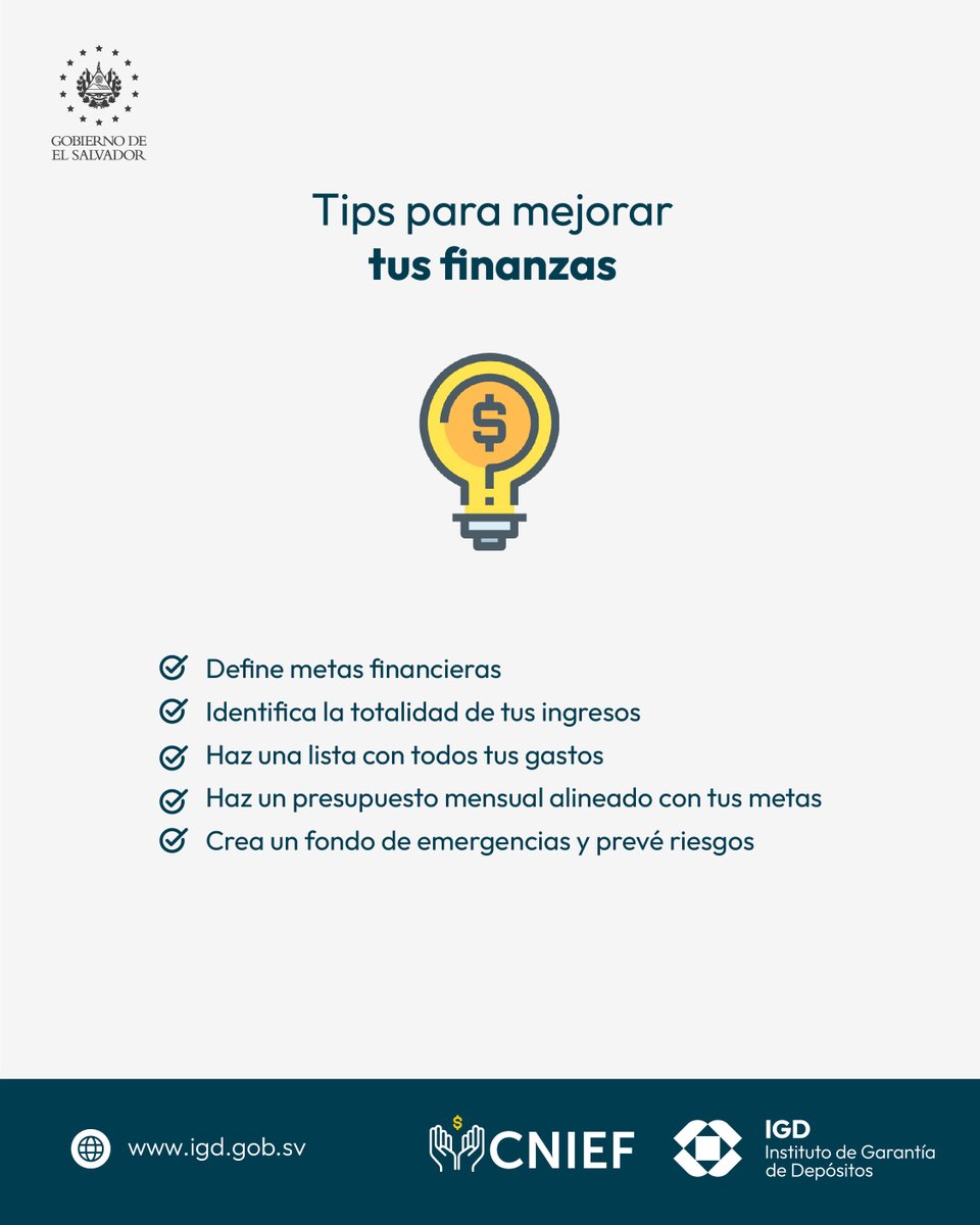 IGD_SV's tweet photo. ¡Es momento de mejorar tus finanzas! 🙌

Te compartimos los siguientes consejos que puedes poner en práctica para optimizar tus finanzas y evitar gastos innecesarios. 💴

#GarantíaDeDepósitosSV #IGDSV https://t.co/V9zbD8DxT0