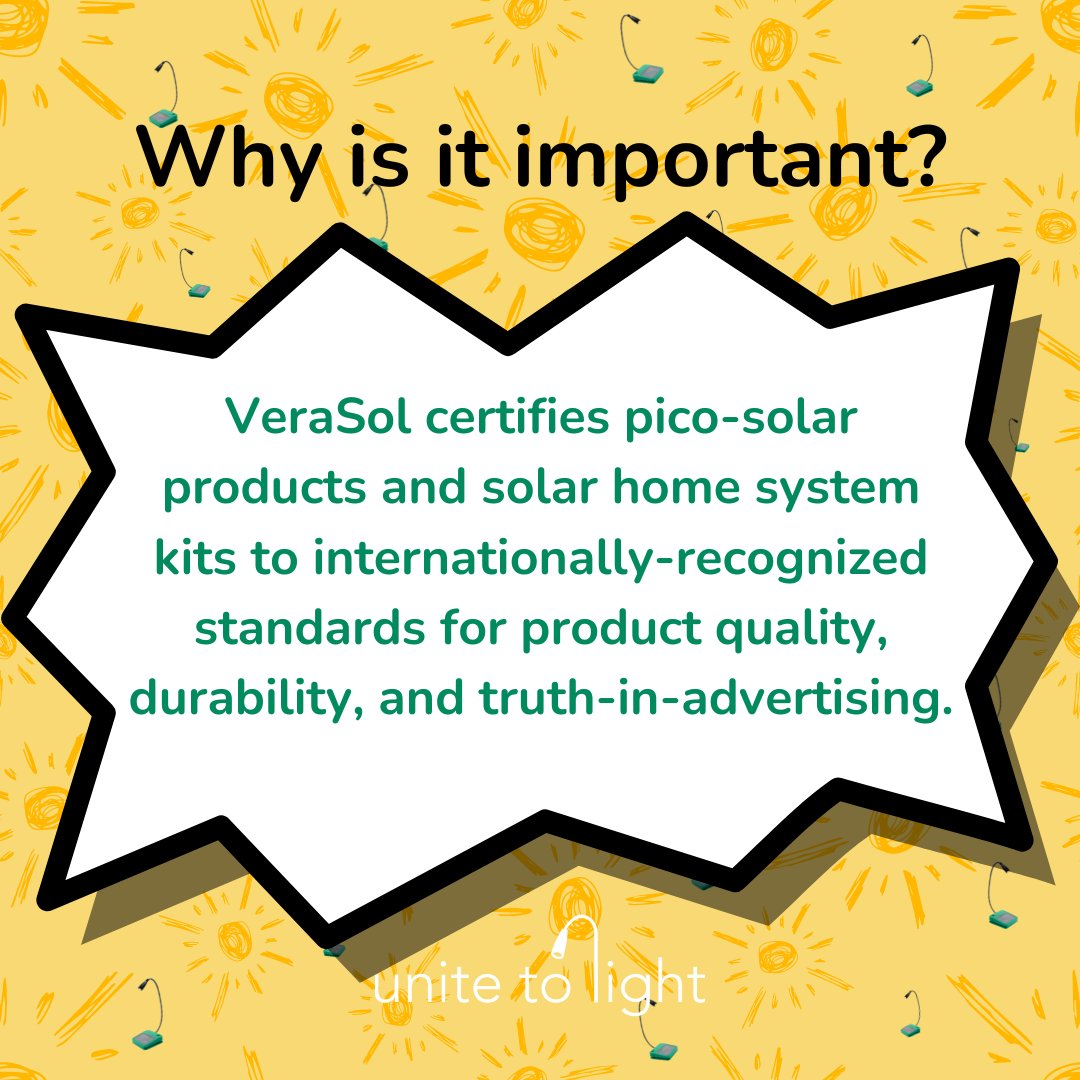 unitetolight's tweet image. The Luke Light has been VeraSol certified to meet IEC TS 62257-9-8 quality standards!

VeraSol supports high-performing, durable off-grid products that expand access to modern energy services. VeraSol is the leading independent quality assurance program for distributed solar  ...