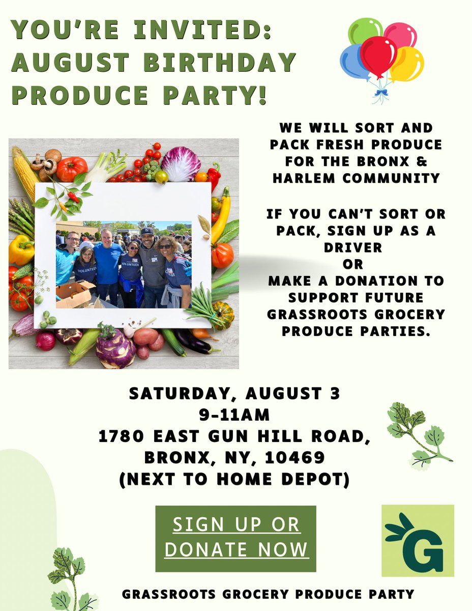 Join us on Saturday, August 3, for an August Birthday Produce Networking Party! Together, we’ll sort and pack fresh produce for Bronx residents. Organized by @grassrootsgroceryny 

grassrootsgrocery.org/august-birthda…

#drivingouthunger
#producetothepeople
#augustbdayproduceparty
#commUNITY