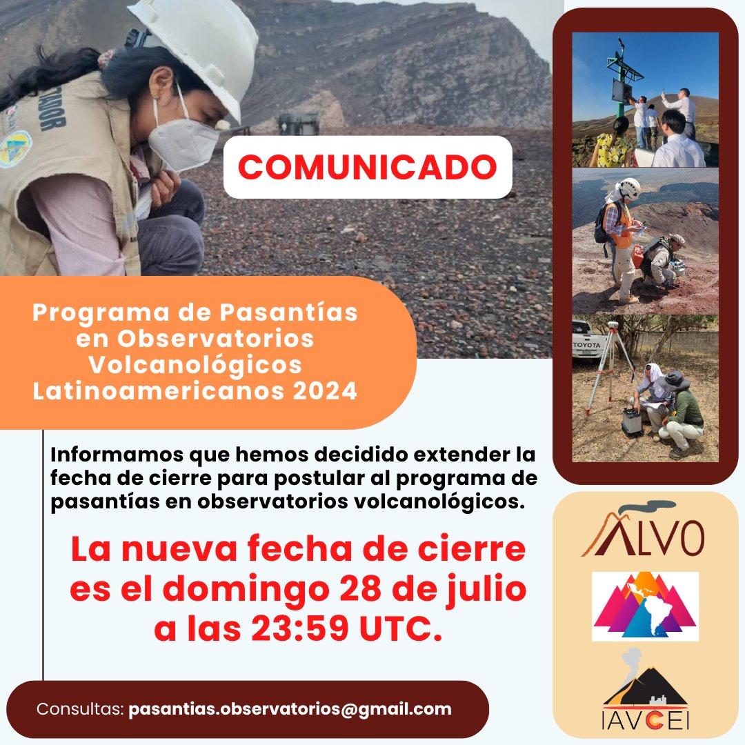 Estimada Comunidad ALVO,

Informamos que hemos decidido extender la fecha de cierre para postular al programa de pasantías en observatorios volcanológicos.
La nueva fecha de cierre es el domingo 28 de julio a las 23:59 UTC.