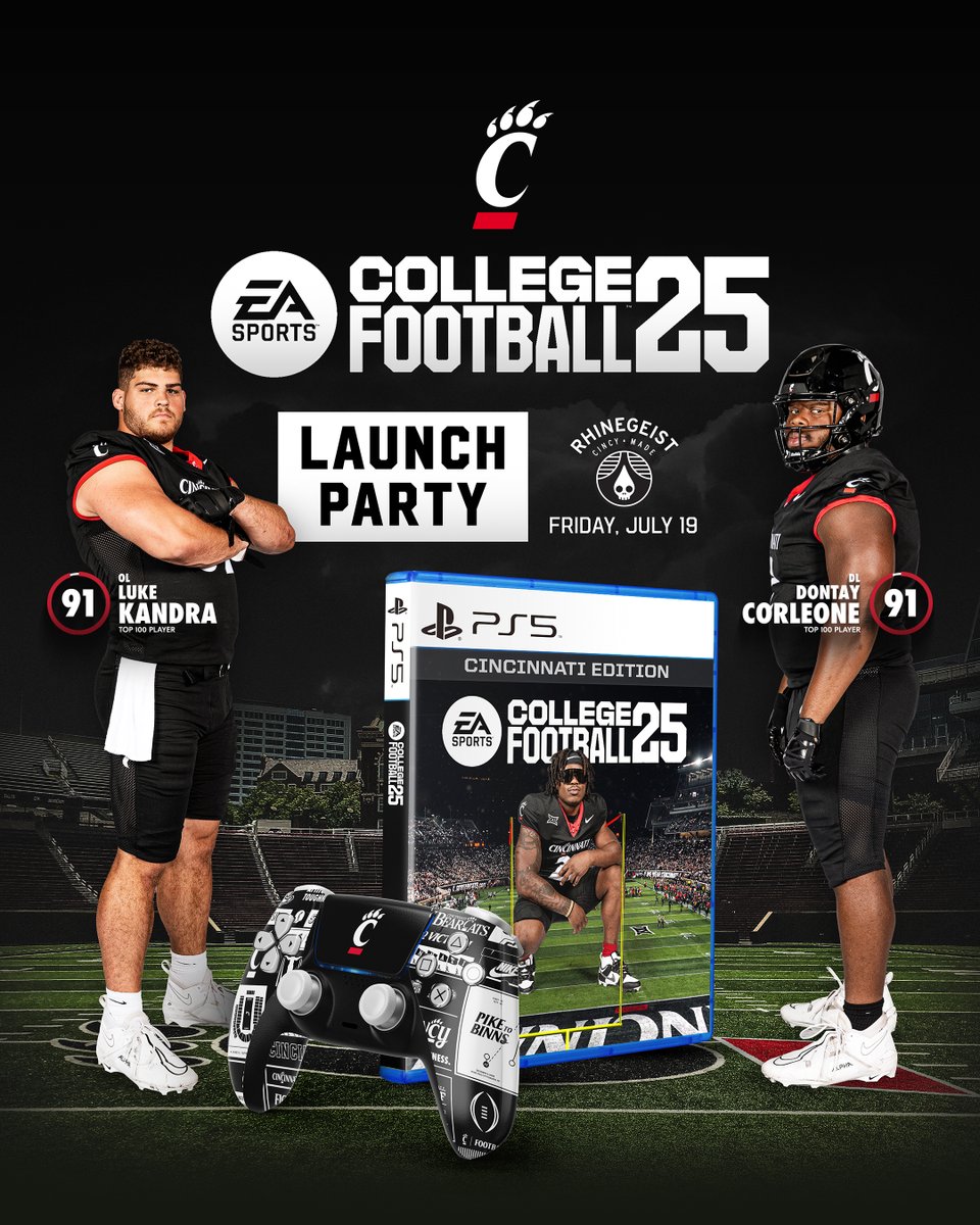 🚨🎮 Calling all #Bearcats fans! 

Join us for the <a href="/EASPORTSCollege/">EASPORTSCollege</a> Tournament at <a href="/rhinegeist/">Rhinegeist</a> on July 19. Play the new college football video game on release day, compete against <a href="/GoBearcatsFB/">Cincinnati Football</a> players like <a href="/CoreyKiner/">king_cbandz</a> &amp; <a href="/dontaycorleone2/">Dontay Corleone</a>, and grab some autographs! 🏈✨

🔗: