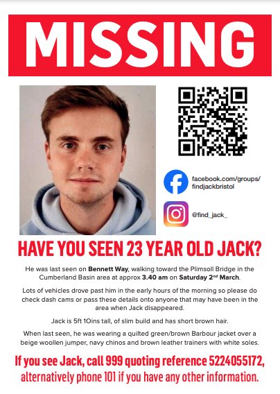 #JackOSullivan, 23,  from Flax Bourton loved football. He’s been #missing since 2nd March, last seen in the Hotwells area.
His family are distraught and desperate to find any information about his disappearance.
Please, please share.
Thankyou.