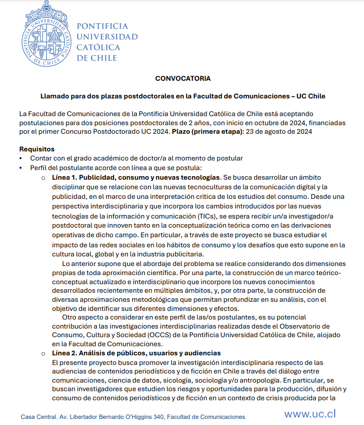 magdalenasaldan's tweet photo. Oportunidad de #postdoc en #comunicación acá en la @fcomuc !!! en las áreas de publicidad/consumo/nuevas tecnologías, y análisis de públicos/usuarios/audiencias. Deadline: 23/08/2024. Difundir please! https://t.co/yJSI4oPefN