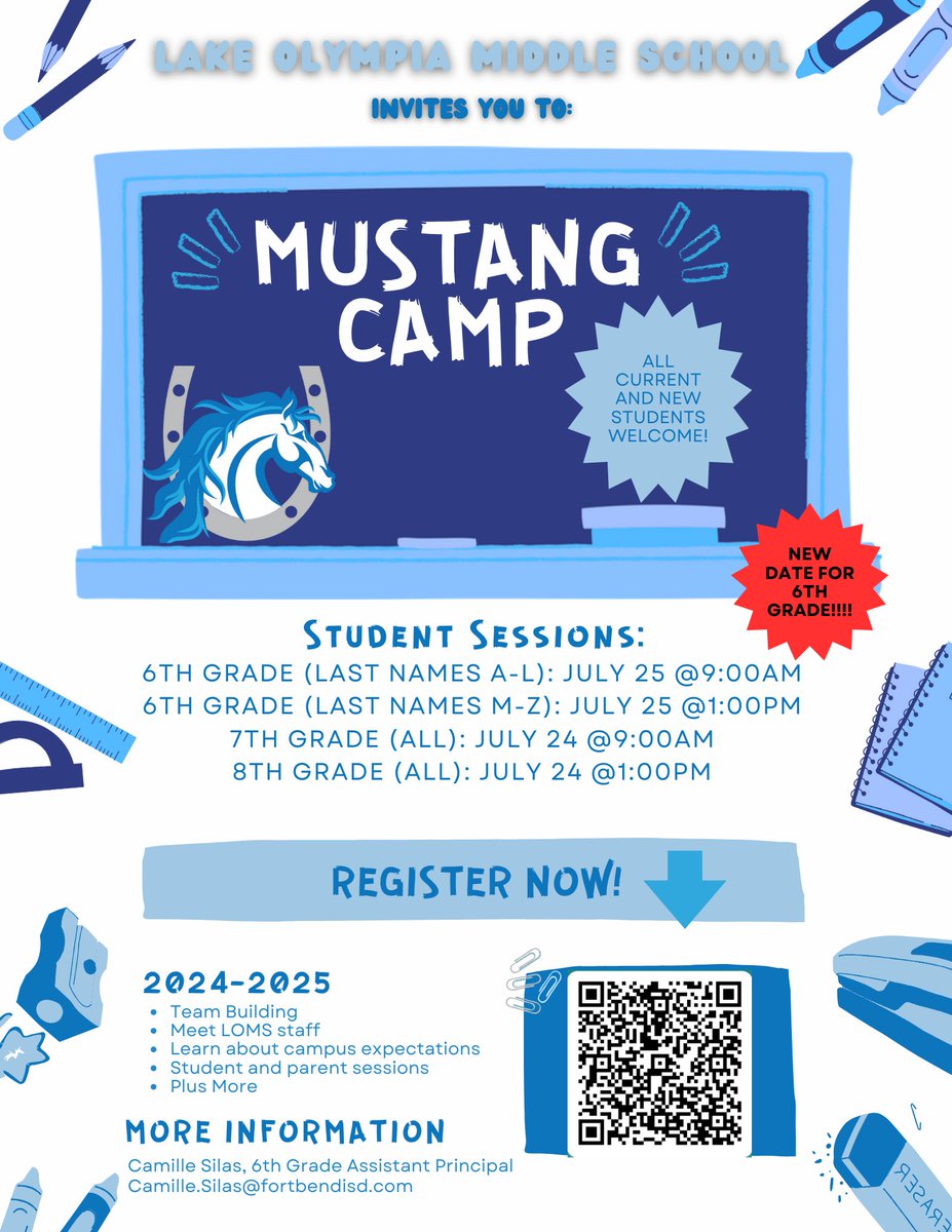 LOMSMustangs's tweet photo. UPDATED DATE FOR 6TH GRADE! Please register using the QR Code. https://t.co/4wgtG8GkbL