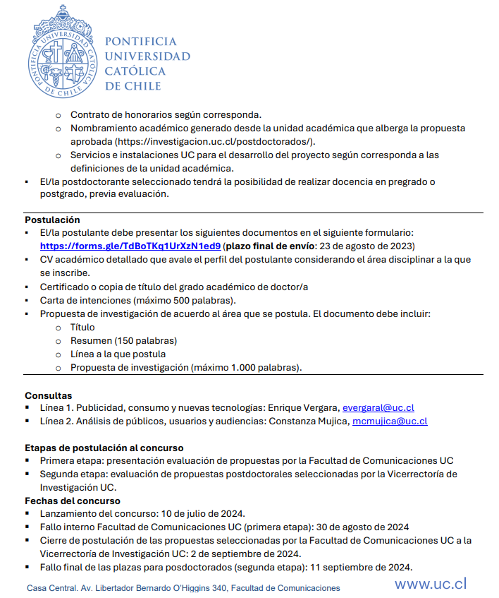 Oportunidad de #postdoc en #comunicación acá en la <a href="/fcomuc/">Comunicaciones</a> !!! en las áreas de publicidad/consumo/nuevas tecnologías, y análisis de públicos/usuarios/audiencias. Deadline: 23/08/2024. Difundir please!