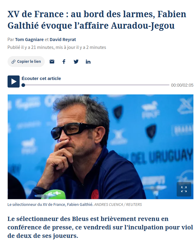 Bonjour <a href="/DavidReyrat/">David Reyrat</a> <a href="/Tom_Gagniare/">Tom 〽️</a> <a href="/Le_Figaro/">Le Figaro</a>
<a href="/Sport24Team/">Le Figaro Sport</a> 

Êtes-vous au courant que la *vraie victime* d'un viol aggravé présumé, ce n'est pas lui (ni le rugby, ni l'équipe, ni tous les hommes en général)?! 

#himpathy 
lefigaro.fr/sports/rugby/x…