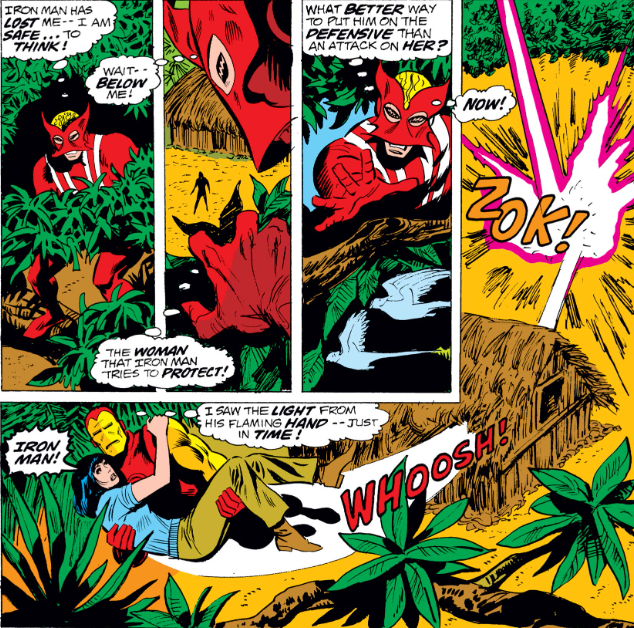MarvelADay's tweet photo. #MarvelADay #IM68 Just to confirm his villainy, Sunfire takes a potshot at Roxie. Iron Man whooshes in just in time to save her from the deadly ZOK! ray. - crs https://t.co/iHE5wCus8Q