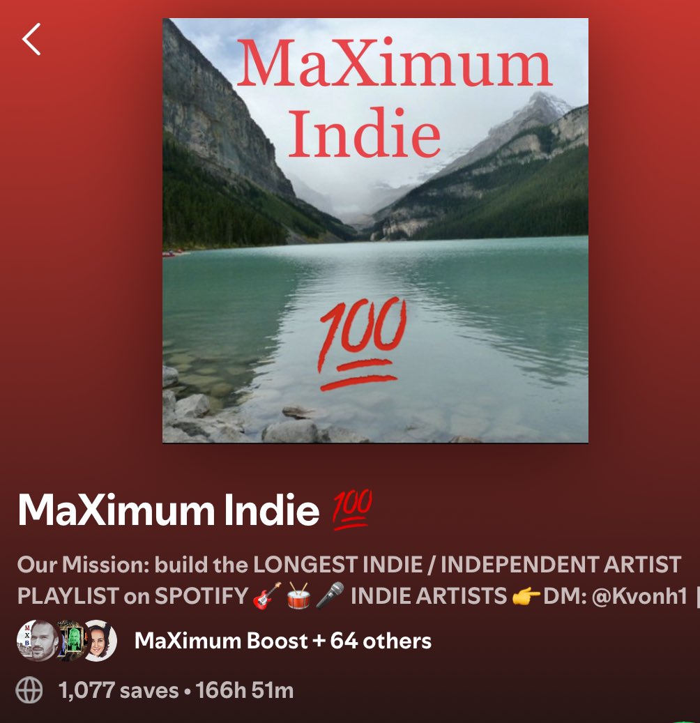 MaXimumBoostMusic (@mxbmusic) on Twitter photo Want to help us set a world record for the LONGEST ALL INDIE MUSIC ARTIST playlist on Spotify?
We are currently at 166+ hours!
DM:
<a href="/KVONH1/">KVON</a>
<a href="/MikeHar54332405/">Mike Harwood</a>
<a href="/john_town_music/">John Townsend Music</a>
Or join Insta Group Chat 👇
ig.me/j/AbbuKmDot497…
Peace ✌️
#LONGEST #Indie #Spotify #playlist Want to help us set a world record for the LONGEST ALL INDIE MUSIC ARTIST playlist on Spotify?
We are currently at 166+ hours!
DM:
<a href="/KVONH1/">KVON</a>
<a href="/MikeHar54332405/">Mike Harwood</a>
<a href="/john_town_music/">John Townsend Music</a>
Or join Insta Group Chat 👇
ig.me/j/AbbuKmDot497…
Peace ✌️
#LONGEST #Indie #Spotify #playlist