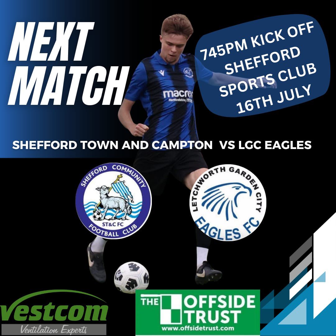 LGCEaglesFC's tweet photo. 🔵⚫️ NEXT GAME ⚫️🔵

🔜 | Pre Season Game 4⚽️

🆚 @sheffordcampton 
📆 Tue 16.07
⏱️ 7:45pm KO
🏟️Shefford sports club  
📍 SG17 5JD
💷 FREE ENTRY
🗣️ Come and support the team 🔵⚫️ https://t.co/O1xjIun9fF