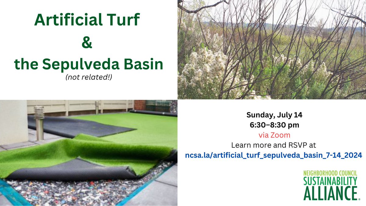 This Sunday we'll discuss the new #artificialturf motion and take a vote on it. We'll also discuss the final #SepulvedaBasin vision plan, see how it lines up with our comment letter submitted in January, and discuss how to proceed. Learn more and RSVP at ncsa.la/artificial_tur…
