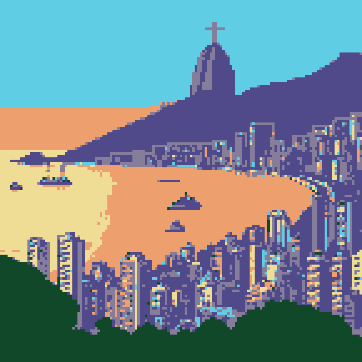 Pixel Landscape of Rio de Janeiro
Size: 145 px per 145 px
Resolution: 1450 x 1450
Number of colors: 6
Made in Pixelorama v0.11

🌐 foundation.app/mint/base/0x5b…

#NFT #MintNFT #pixel #pixelartwork