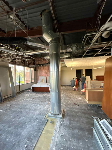 Mar Lan Construction has been working on renovations to the KU Endowment Association offices. Shown is demo work in the 3rd Fl Boardroom and Human Resources. Kelly Hockey, project superintendent, is moving the project along and has already completed much of the total work.