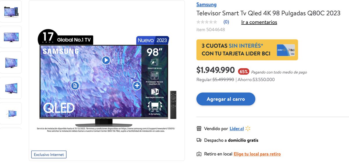 knasta_cl's tweet photo. Smart Tv Qled 4K 98" a solo $1.949.990 en Lider 🤩🙌
Ver Oferta 👉 https://t.co/80jBPDeadu https://t.co/y4N4h5zhpB