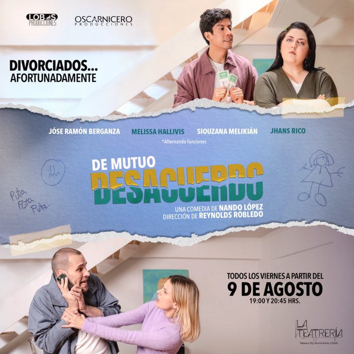 Ellos están divorciados afortunadamente #Próximamente "De Mutuo Desacuerdo” 
🥊

Jhans Rico, José Ramón Berganza, Siouzana Melikían y Melissa Hallivis
formarán parte de esta comedia  

¡Gran estreno el 9 de agosto en @lateatreria!