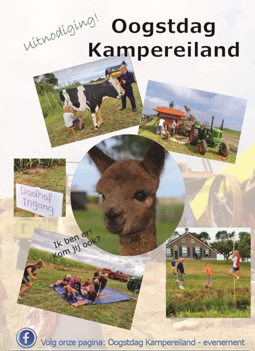 31 augustus oogstdag Kampereiland. Wij zijn er ook met alpaca's. 
<a href="/visitoost/">VisitOost</a> <a href="/ds_Kampen/">deStentor_Kampen</a> @Kampenonline
<a href="/KampenTourist/">Kampen Tourist Info</a> <a href="/indeijsseldelta/">In de IJsseldelta</a>