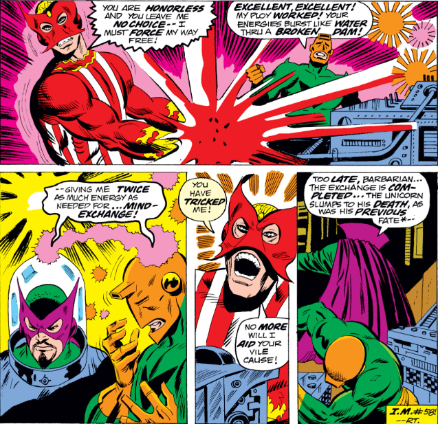 MarvelADay's tweet photo. #MarvelADay #IM68 Mandicorn tricks Sunfire into firing his energy bolts, then uses them to power the Mind Slip back into his own flesh. Don't worry overmuch about Unicorn's "death;" we'll see him again. - crs https://t.co/GWWKawZURZ