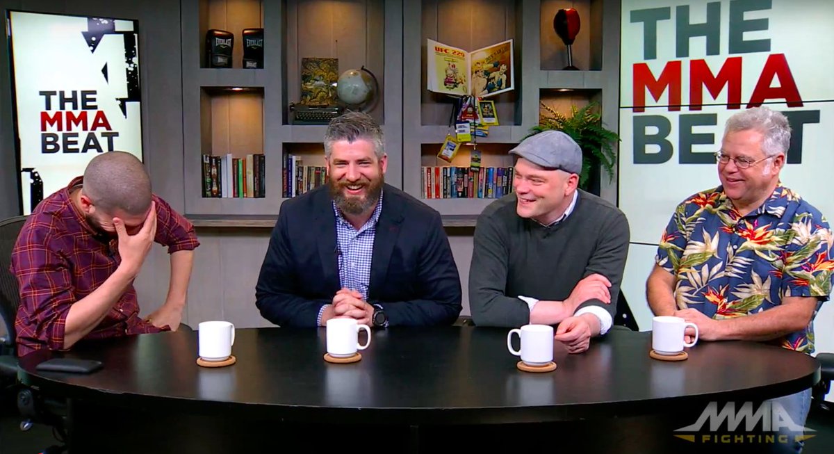 ChuckMindenhall's tweet photo. Was looking at some old photos and came across this still from an episode of the MMA Beat...where everyone started laughing and couldn't stop the moment we went live. https://t.co/7jppfjuXwI