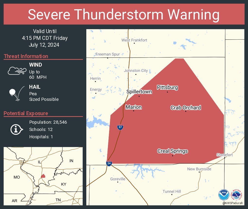 The National Weather Service has issued a SEVERE THUNDERSTORM WARNING for Williamson County until 4:15 p.m.
