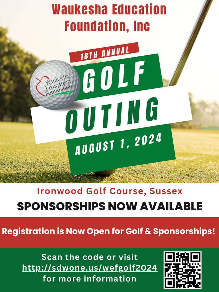 WaukEdFdn's tweet photo. BIG NEWS! The golfer registration site  is now RE-OPENED! We have enough to move forward with all 3 courses &amp; still have room for YOU! Sign up now at https://t.co/OkTVOON3qy or text WEFGolf to 76278. (You can also call our office for assistance. 262 970-1143) #WEFGolf2024 https://t.co/GRLfxhaYrV