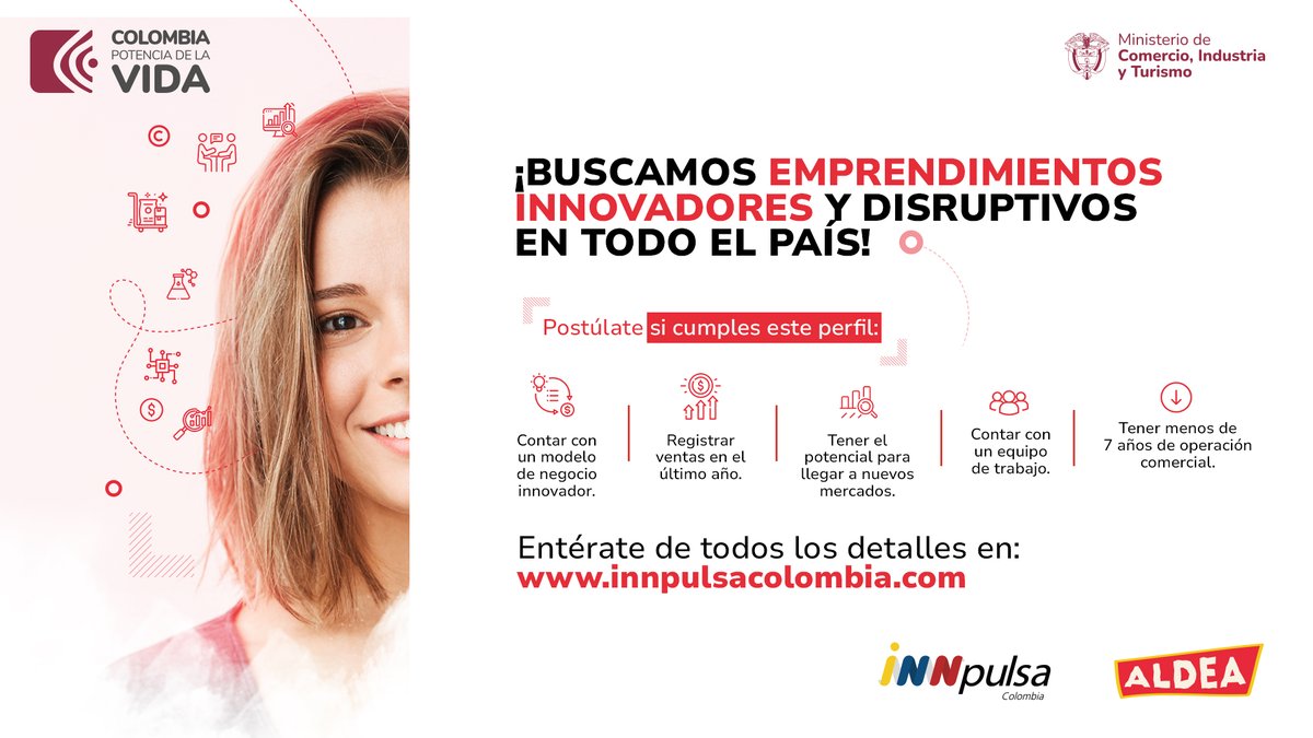 bictia's tweet photo. Únete a @InnpulsaCol en #ALDEA y sé parte de la próxima ola de emprendedores que definirá el futuro de Colombia. Tú puedes ser uno de los 320 emprendedores seleccionados para crecer aceleradamente a través de este programa.
Entérate de todos los detalles: https://t.co/xr5QnqLjMr https://t.co/f4M9RfQe1Q