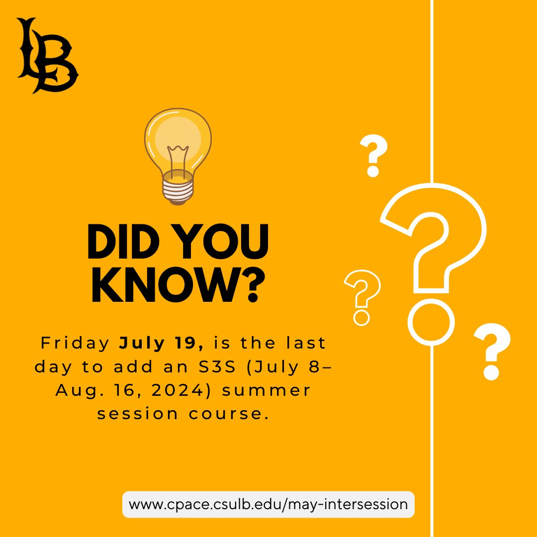 CSULBInterSessn's tweet photo. Do you want to take a summer course for credit? Don't forget to enroll by July 19 to secure your spot! Visit https://t.co/6VzmxbxL7Y for more info and schedule of classes. 😎
@csulongbeach
#csulbintersessions #gobeach #csulb https://t.co/WJdosXtnSO