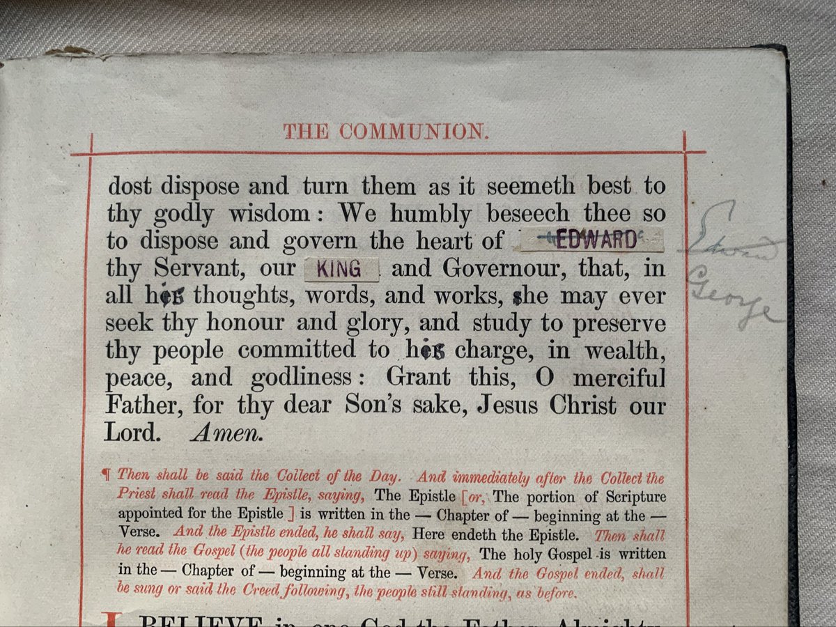 So awesome to see the passage of time, the change of monarchs, but the unchanging liturgy of a local church on these pages! 

Handwritten corrections, stickers and strikethroughs, overtop the timeless words of the Communion liturgy.