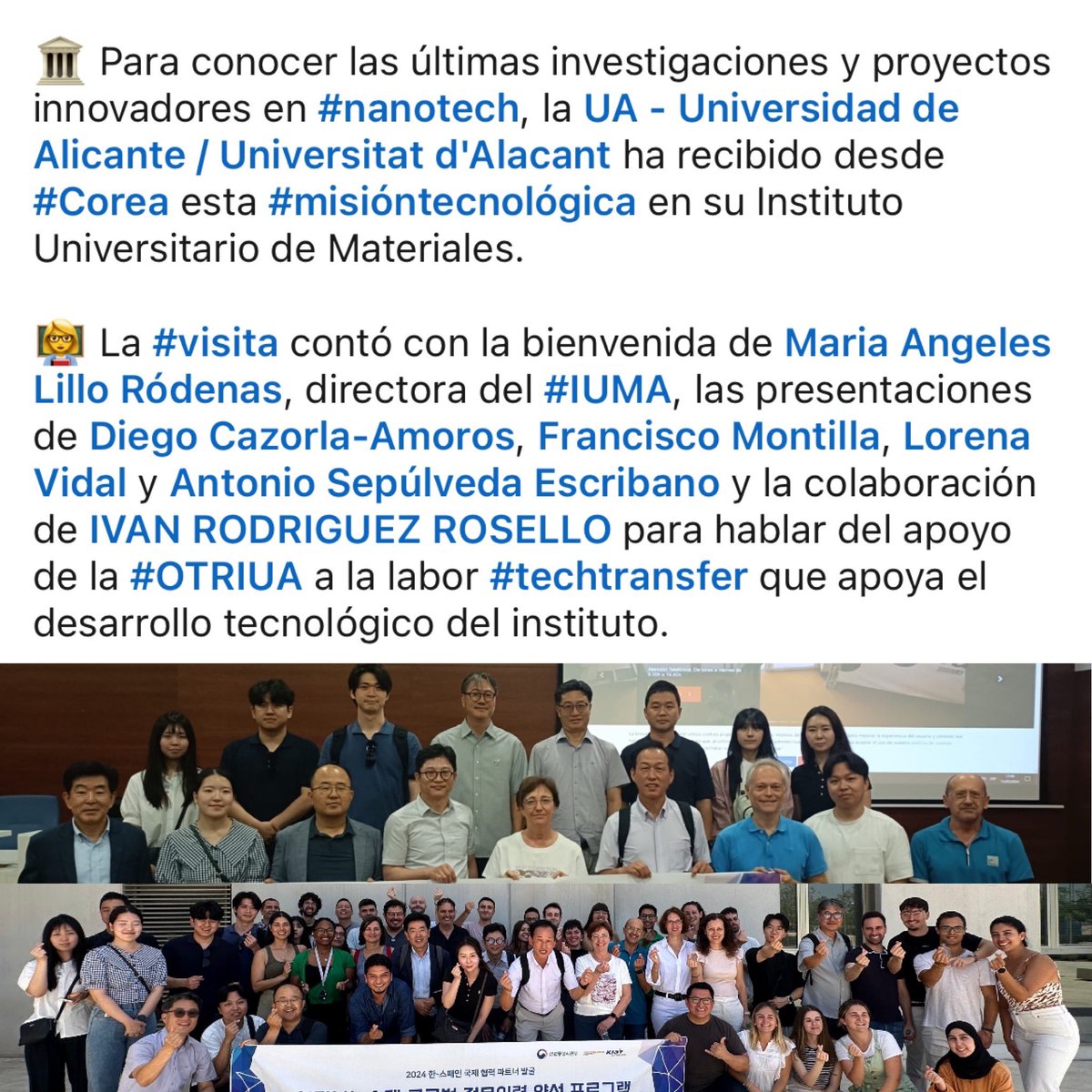 MCMA CME (@cmemcma) on Twitter photo 🤝 Participants in the meeting between
research groups from <a href="/IUMAUA/">IUMA</a> in <a href="/UA_Universidad/">Universidad de Alicante UA</a> and diferent Korean centres, such as Sungkyunkwan University, #CarbonNanoAssociation, 한림대학교(Hallym University) and Sejong University <a href="/CmeMcma/">MCMA CME</a> <a href="/EMorallon/">Emilia Morallon</a>
#research #materials #OTRI 🤝 Participants in the meeting between
research groups from <a href="/IUMAUA/">IUMA</a> in <a href="/UA_Universidad/">Universidad de Alicante UA</a> and diferent Korean centres, such as Sungkyunkwan University, #CarbonNanoAssociation, 한림대학교(Hallym University) and Sejong University <a href="/CmeMcma/">MCMA CME</a> <a href="/EMorallon/">Emilia Morallon</a>
#research #materials #OTRI