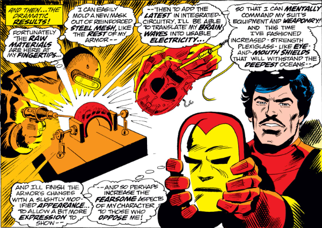 MarvelADay's tweet photo. #MarvelADay #IM68 Please avert your eyes from the new mask Tony has fashioned, as it is simply too fearsome an aspect to behold. He has added, and I can't believe I'm saying this, a NOSE. - crs https://t.co/NdZqhccycc