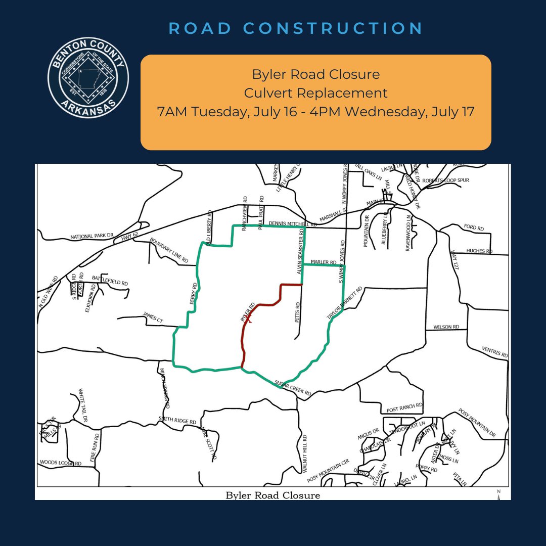 The Benton County Road Department will close down a portion of Byler Road, SW of Garfield, for a culvert replacement. The road will be closed from 7AM Tues, July 16 until 4PM Wed, July 17. Please heed all signage in the area. All construction is pending weather or other delays.