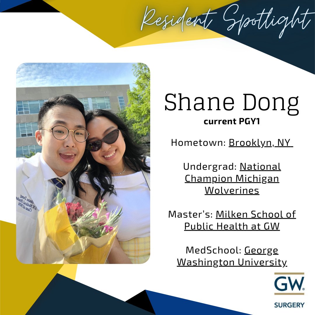 GWSurgery's tweet photo. #FeatureFriday Introducing Shane, one of our new interns! Join us on Fridays as we highlight our residents! 💙💛 #surgery #surgeryresidency #residency #medtwitter #doctor https://t.co/2MFMOsQ63B