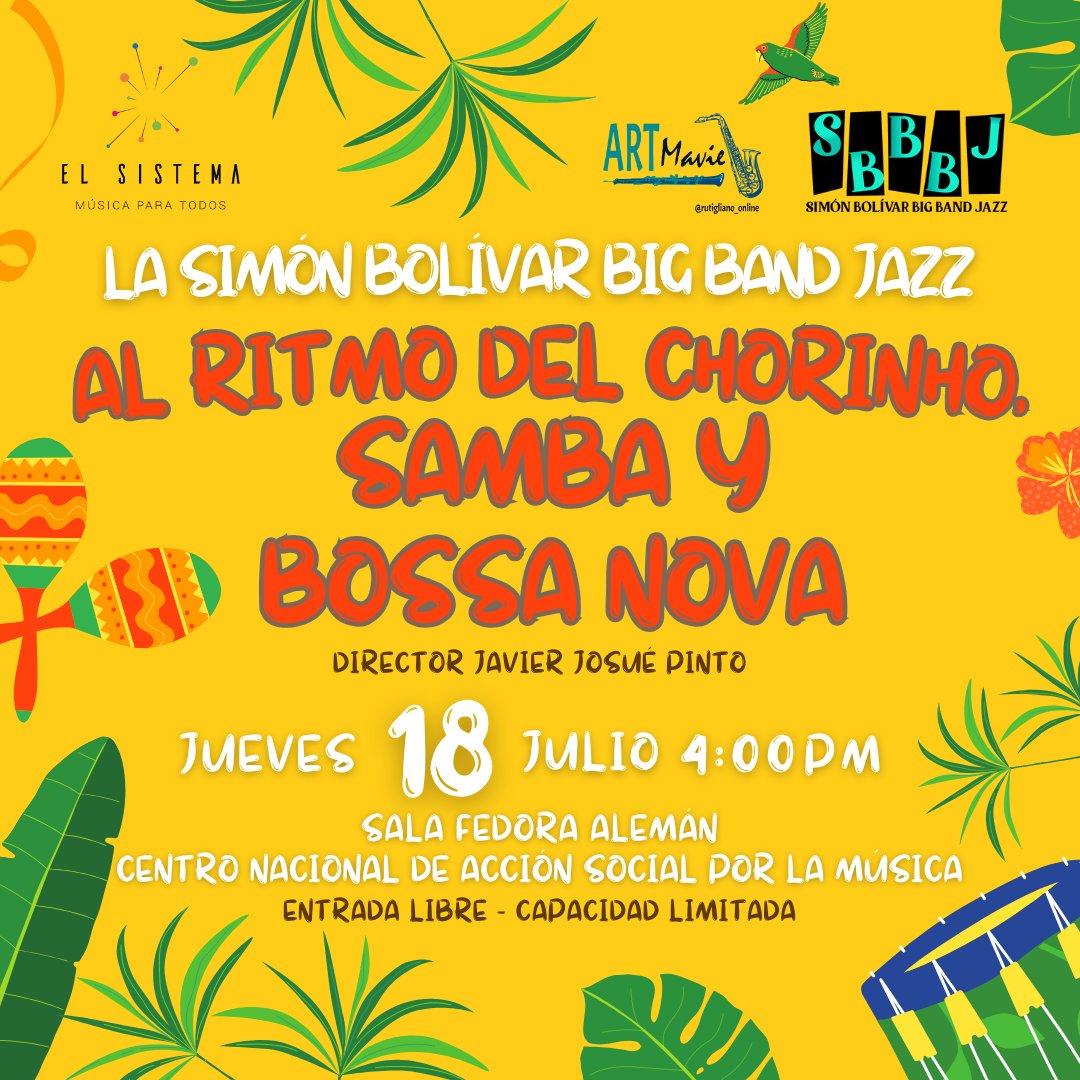 Simón Bolívar Big Band Jazz (@bigbandjsb) on Twitter photo El próximo jueves 18 de julio, nuestra Simón Bolívar Big Band Jazz de <a href="/elsistema/">El Sistema</a>, ofrecerá un concierto, bajo la dirección del maestro Javier Josué Pinto, con un repertorio de jazz fusionado con géneros musicales brasileños como el chorinho, el samba y la bossa nova.🇧🇷🎶 El próximo jueves 18 de julio, nuestra Simón Bolívar Big Band Jazz de <a href="/elsistema/">El Sistema</a>, ofrecerá un concierto, bajo la dirección del maestro Javier Josué Pinto, con un repertorio de jazz fusionado con géneros musicales brasileños como el chorinho, el samba y la bossa nova.🇧🇷🎶